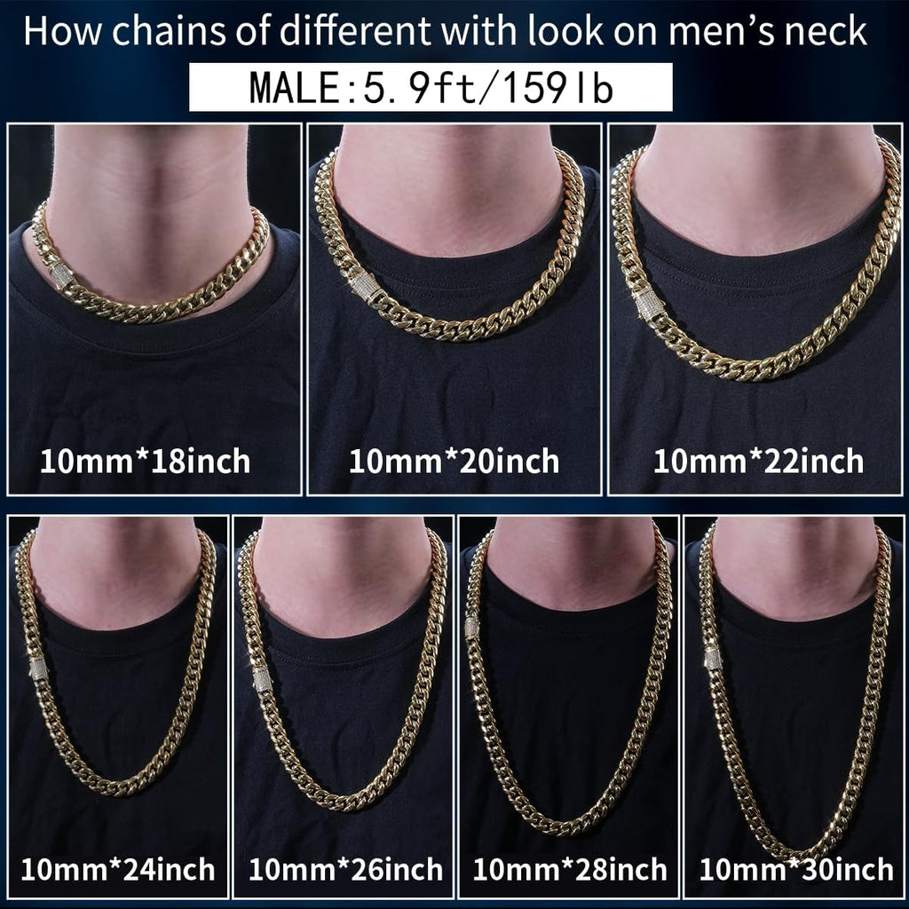 10/12mm Miami Cuban Link Chain 14K REAL Gold Plated Premium Stainless Steel Necklace Hypoallergenic Hip Hop Jewelry for Men Women Christmas Father Day Birthday Gift (Double-sided Iced Out Clasp, with Box & Pouch)