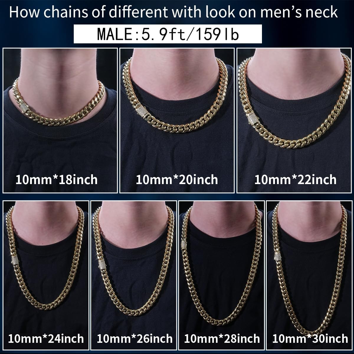 10/12mm Miami Cuban Link Chain 14K REAL Gold Plated Premium Stainless Steel Necklace Hypoallergenic Hip Hop Jewelry for Men Women Christmas Father Day Birthday Gift (Double-sided Iced Out Clasp, with Box & Pouch)