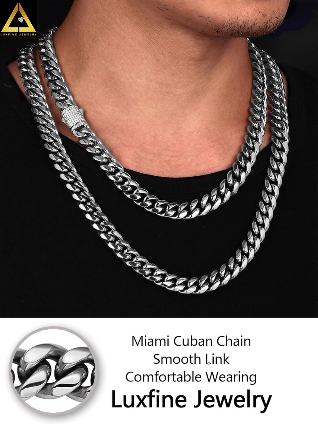 10/12mm Miami Cuban Link Chain 14K REAL Gold Plated Premium Stainless Steel Necklace Hypoallergenic Hip Hop Jewelry for Men Women Christmas Father Day Birthday Gift (Double-sided Iced Out Clasp, with Box & Pouch)