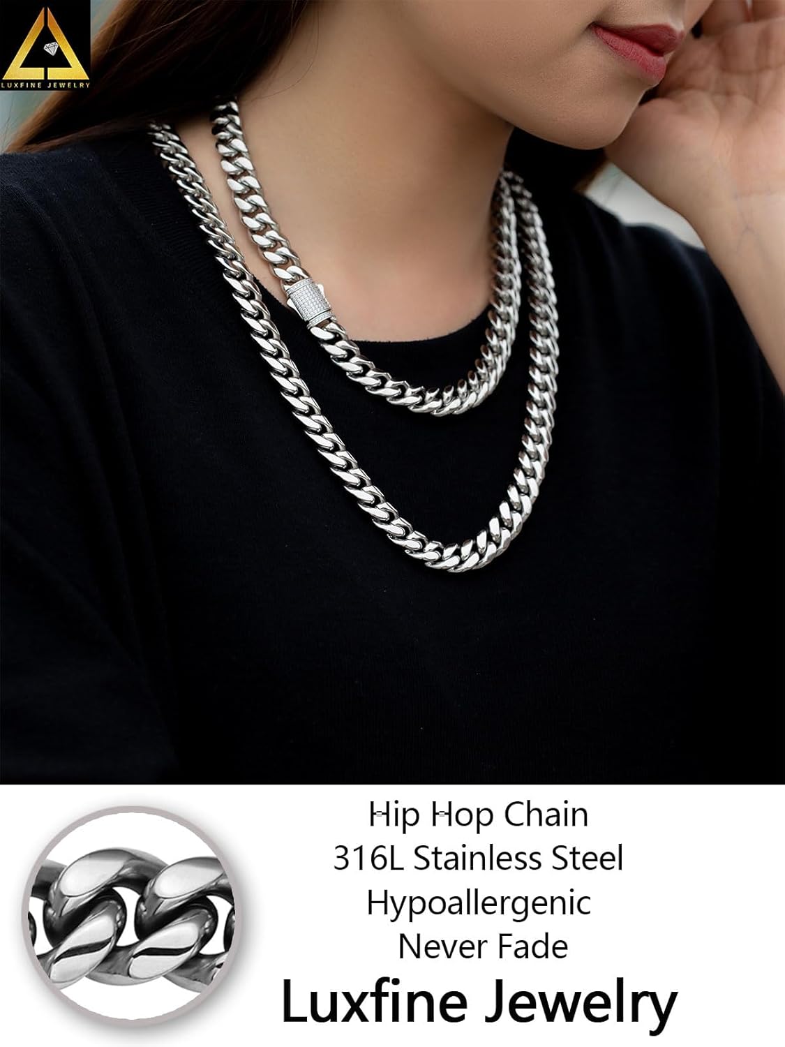 10/12mm Miami Cuban Link Chain 14K REAL Gold Plated Premium Stainless Steel Necklace Hypoallergenic Hip Hop Jewelry for Men Women Christmas Father Day Birthday Gift (Double-sided Iced Out Clasp, with Box & Pouch)