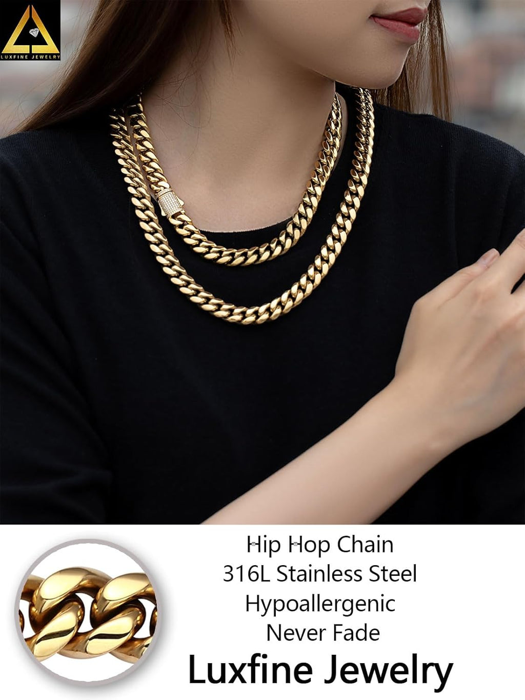 10/12mm Miami Cuban Link Chain 14K REAL Gold Plated Premium Stainless Steel Necklace Hypoallergenic Hip Hop Jewelry for Men Women Christmas Father Day Birthday Gift (Double-sided Iced Out Clasp, with Box & Pouch)