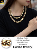 10/12mm Miami Cuban Link Chain 14K REAL Gold Plated Premium Stainless Steel Necklace Hypoallergenic Hip Hop Jewelry for Men Women Christmas Father Day Birthday Gift (Double-sided Iced Out Clasp, with Box & Pouch)