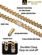 10/12mm Miami Cuban Link Chain 14K REAL Gold Plated Premium Stainless Steel Necklace Hypoallergenic Hip Hop Jewelry for Men Women Christmas Father Day Birthday Gift (Double-sided Iced Out Clasp, with Box & Pouch)