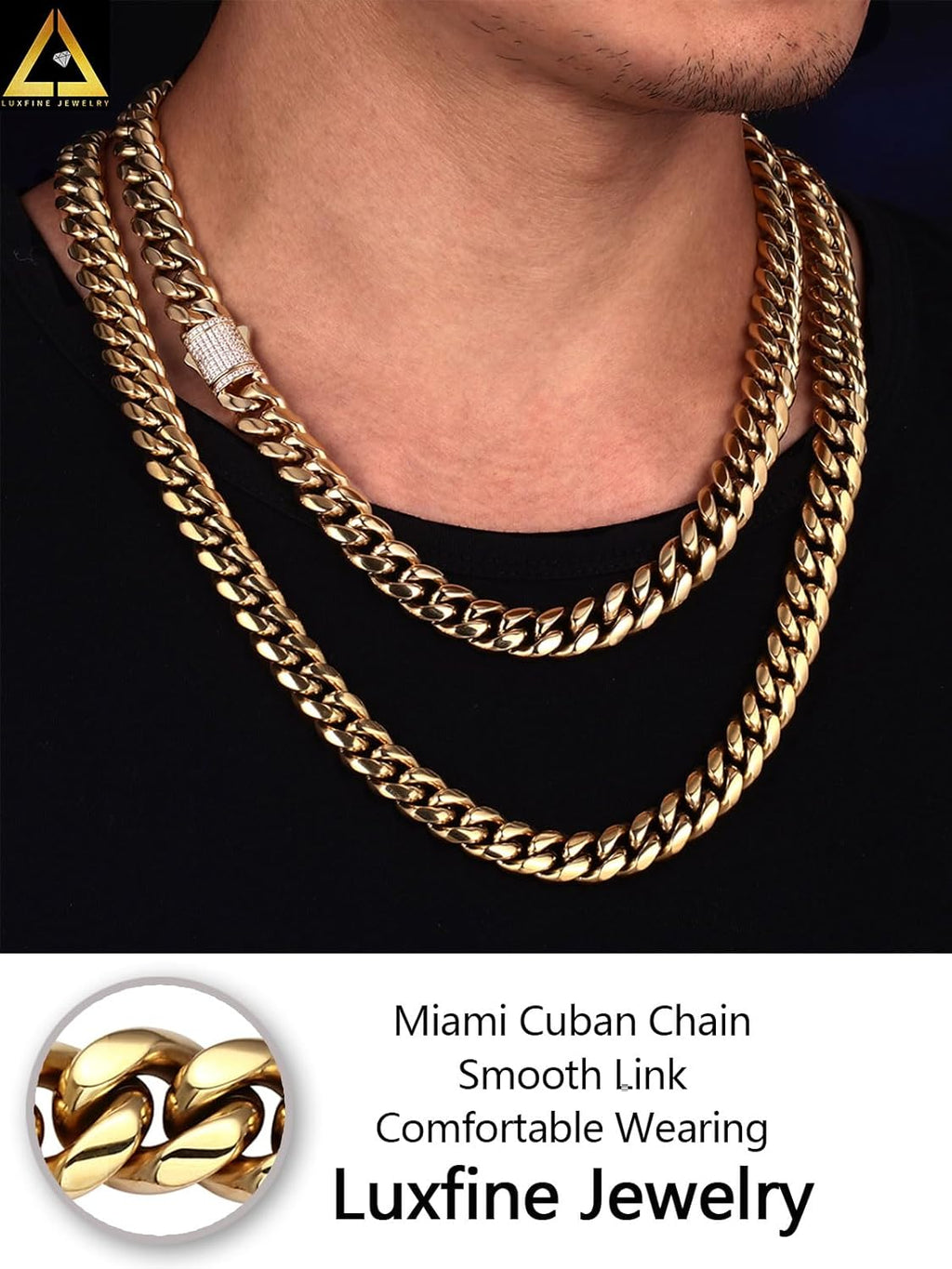 10/12mm Miami Cuban Link Chain 14K REAL Gold Plated Premium Stainless Steel Necklace Hypoallergenic Hip Hop Jewelry for Men Women Christmas Father Day Birthday Gift (Double-sided Iced Out Clasp, with Box & Pouch)