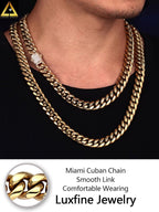 10/12mm Miami Cuban Link Chain 14K REAL Gold Plated Premium Stainless Steel Necklace Hypoallergenic Hip Hop Jewelry for Men Women Christmas Father Day Birthday Gift (Double-sided Iced Out Clasp, with Box & Pouch)