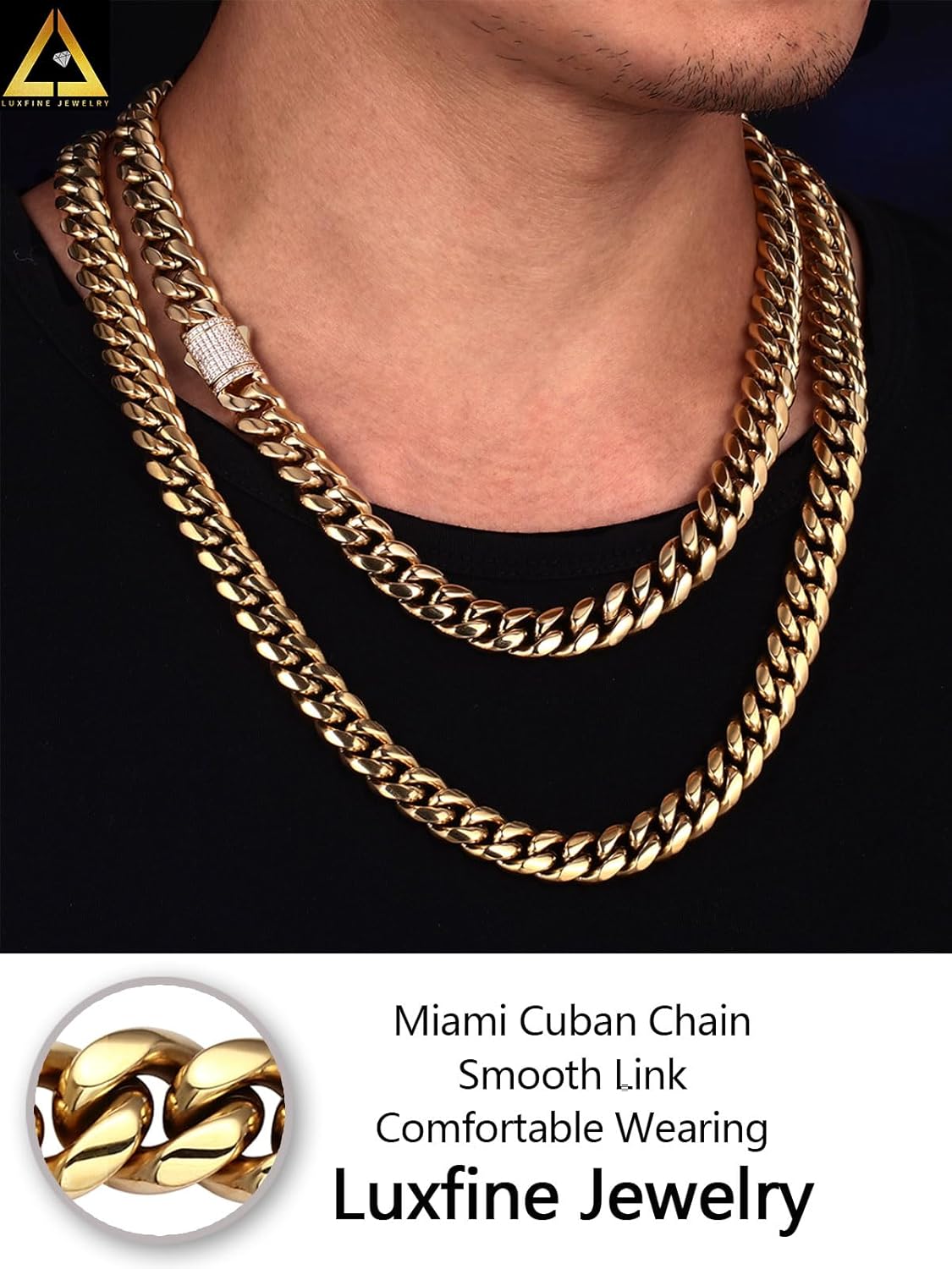 10/12mm Miami Cuban Link Chain 14K REAL Gold Plated Premium Stainless Steel Necklace Hypoallergenic Hip Hop Jewelry for Men Women Christmas Father Day Birthday Gift (Double-sided Iced Out Clasp, with Box & Pouch)