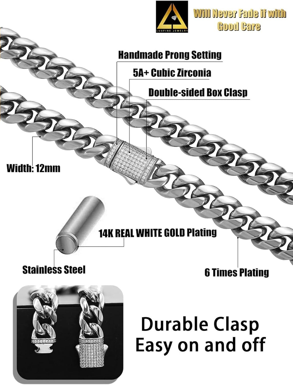 10/12mm Miami Cuban Link Chain 14K REAL Gold Plated Premium Stainless Steel Necklace Hypoallergenic Hip Hop Jewelry for Men Women Christmas Father Day Birthday Gift (Double-sided Iced Out Clasp, with Box & Pouch)