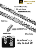 10/12mm Miami Cuban Link Chain 14K REAL Gold Plated Premium Stainless Steel Necklace Hypoallergenic Hip Hop Jewelry for Men Women Christmas Father Day Birthday Gift (Double-sided Iced Out Clasp, with Box & Pouch)