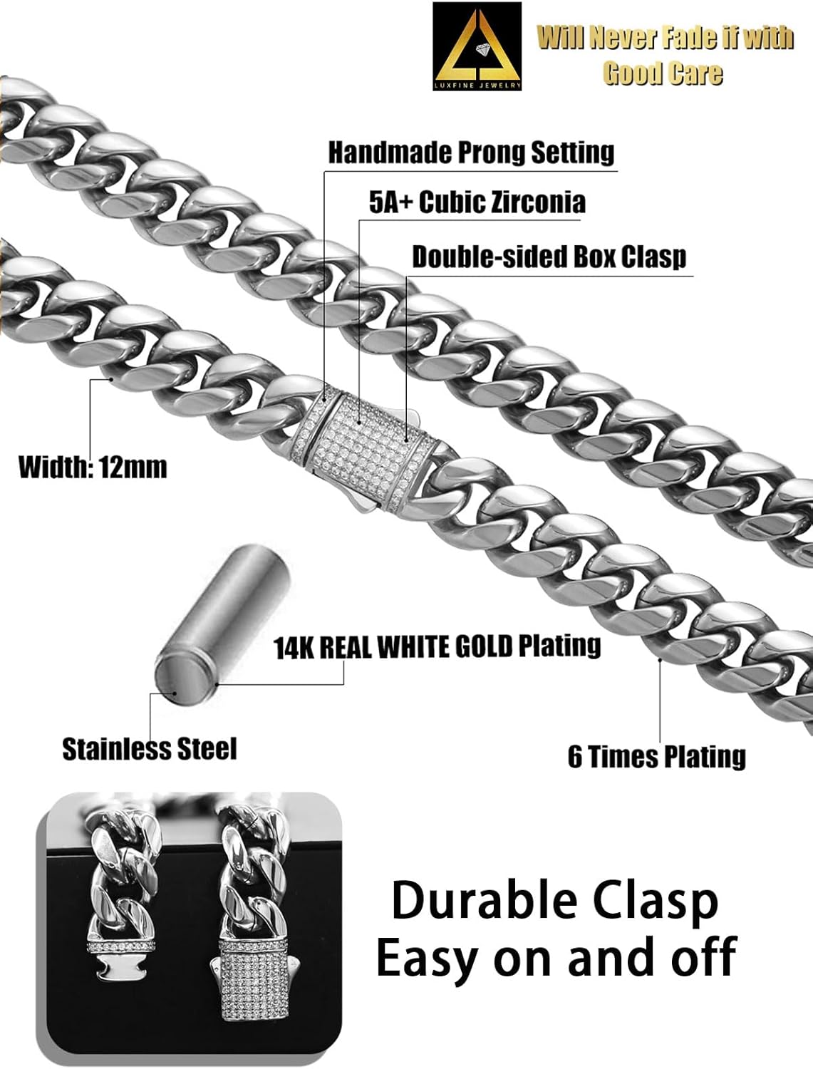 10/12mm Miami Cuban Link Chain 14K REAL Gold Plated Premium Stainless Steel Necklace Hypoallergenic Hip Hop Jewelry for Men Women Christmas Father Day Birthday Gift (Double-sided Iced Out Clasp, with Box & Pouch)