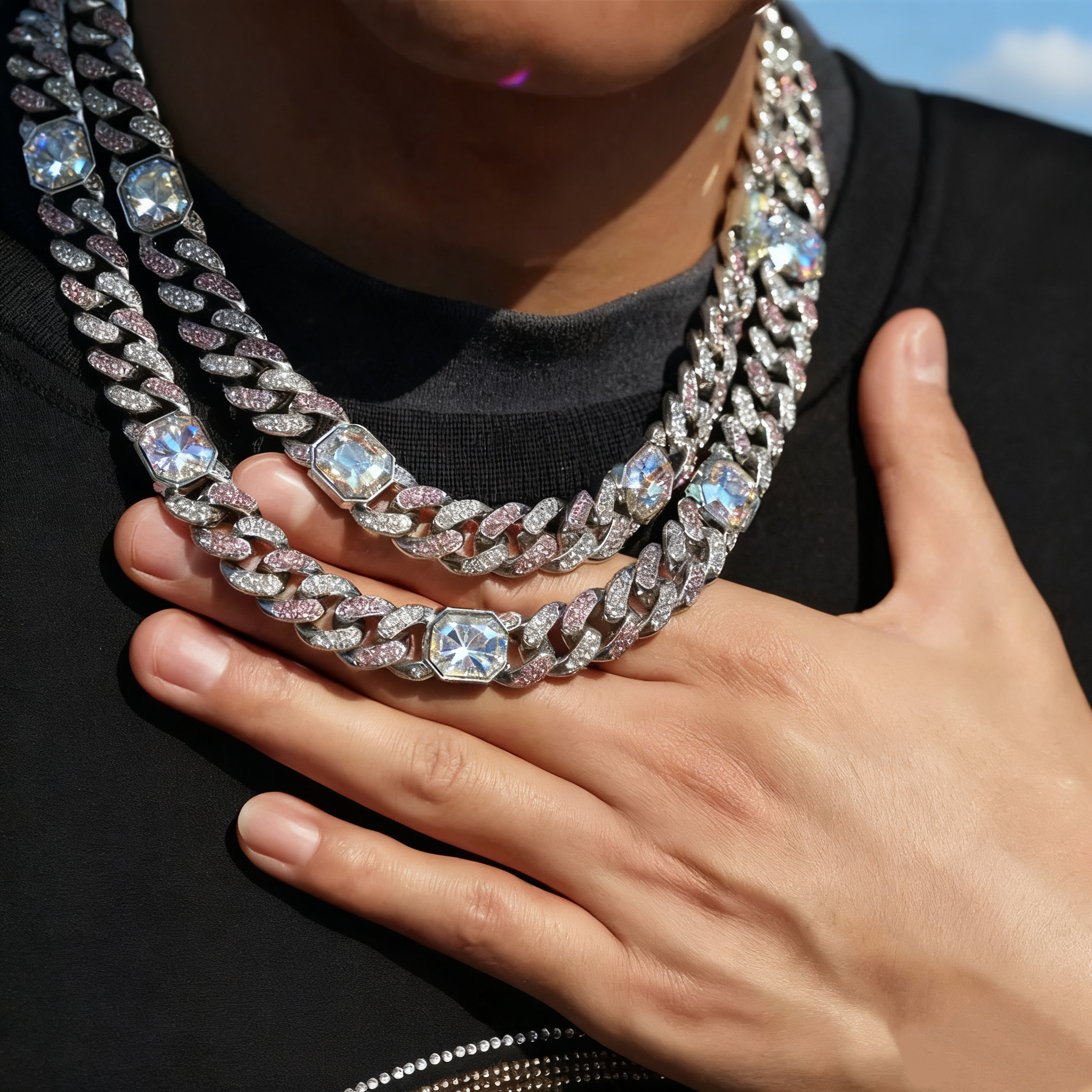 New Hip-Hop Pink Diamond Gradient Cuban Chain — Iced-Out Mixed-Stone Choker for Men & Women, Trendy Short Necklace