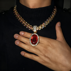 Iced Cuban Link Necklace with Red Oval Gem Pendant