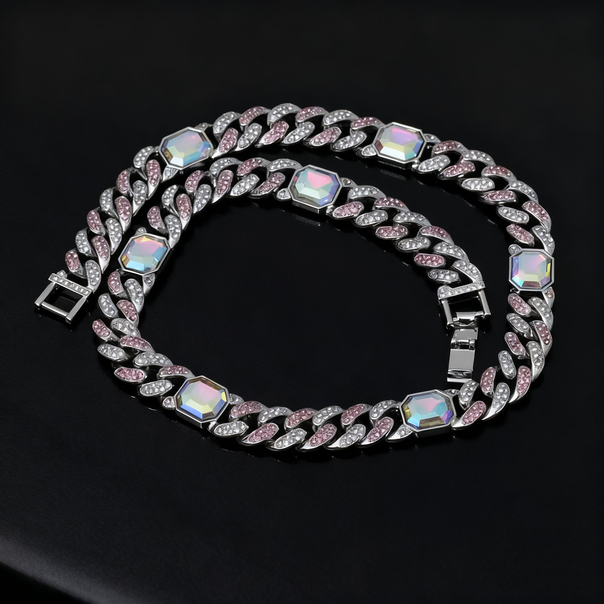 New Hip-Hop Pink Diamond Gradient Cuban Chain — Iced-Out Mixed-Stone Choker for Men & Women, Trendy Short Necklace