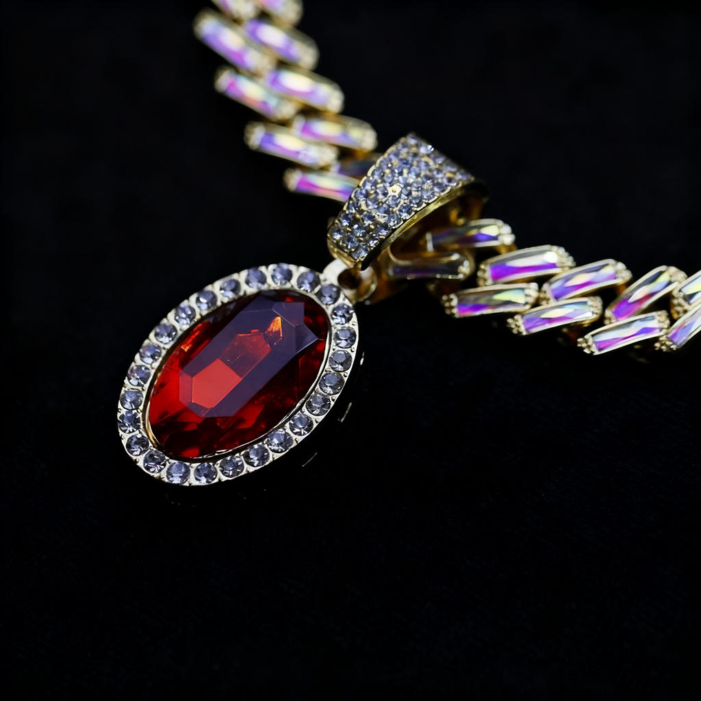 Iced Cuban Link Necklace with Red Oval Gem Pendant