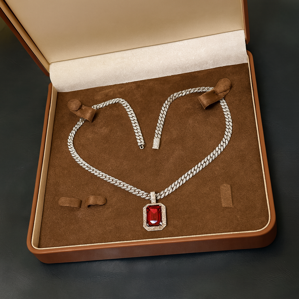 Red Gem Pendant with Iced Cuban Link Chain – Statement Necklace Set