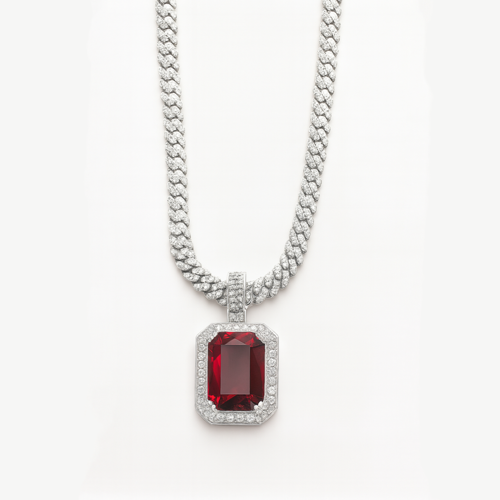 Red Gem Pendant with Iced Cuban Link Chain – Statement Necklace Set