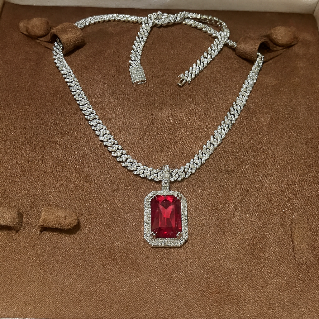 Red Gem Pendant with Iced Cuban Link Chain – Statement Necklace Set