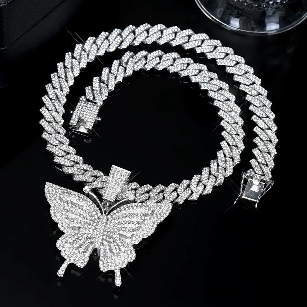 Iced Butterfly Cuban Link Necklace – Gold & Silver Hip-Hop Pendant Chain