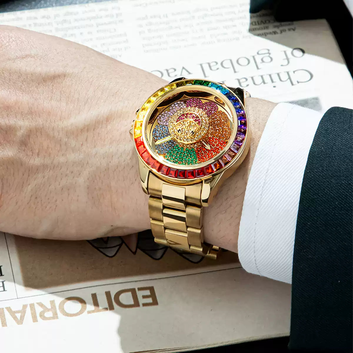 European & American Hip-Hop Sunflower Stainless Steel Watch / Trendy Personalized / Rotatable Quartz Watch for Men