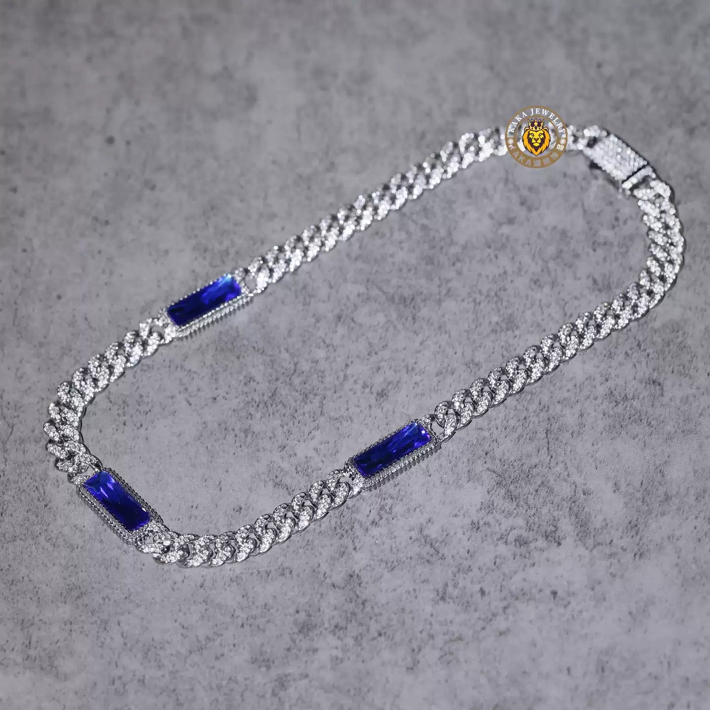 Royal Blue Rectangular Gem Iced Cuban Chain — Luxury Bling Necklace for Men & Women, Trendy American Style Choker