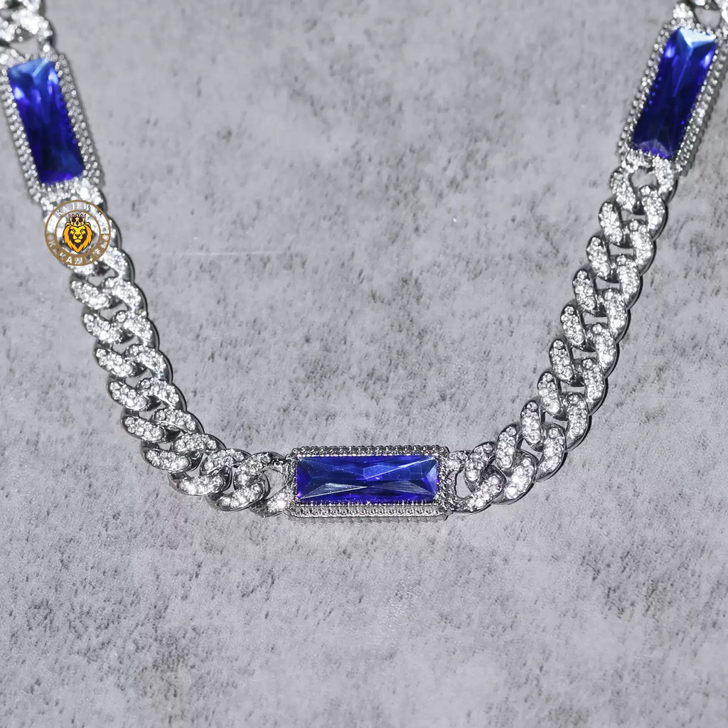 Royal Blue Rectangular Gem Iced Cuban Chain — Luxury Bling Necklace for Men & Women, Trendy American Style Choker