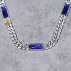 Royal Blue Rectangular Gem Iced Cuban Chain — Luxury Bling Necklace for Men & Women, Trendy American Style Choker