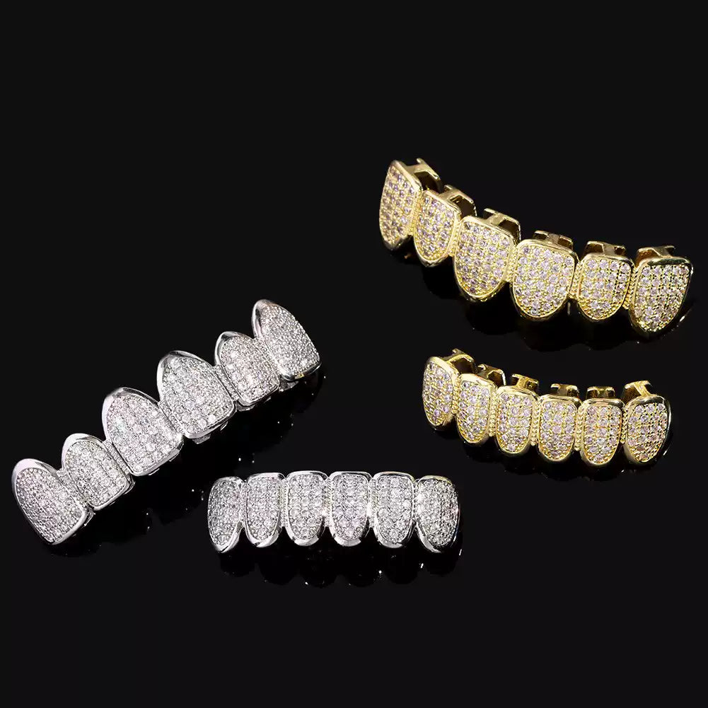 Iced Gold & Silver Grillz Set – 18K Plated Hip-Hop Tooth Caps with Box