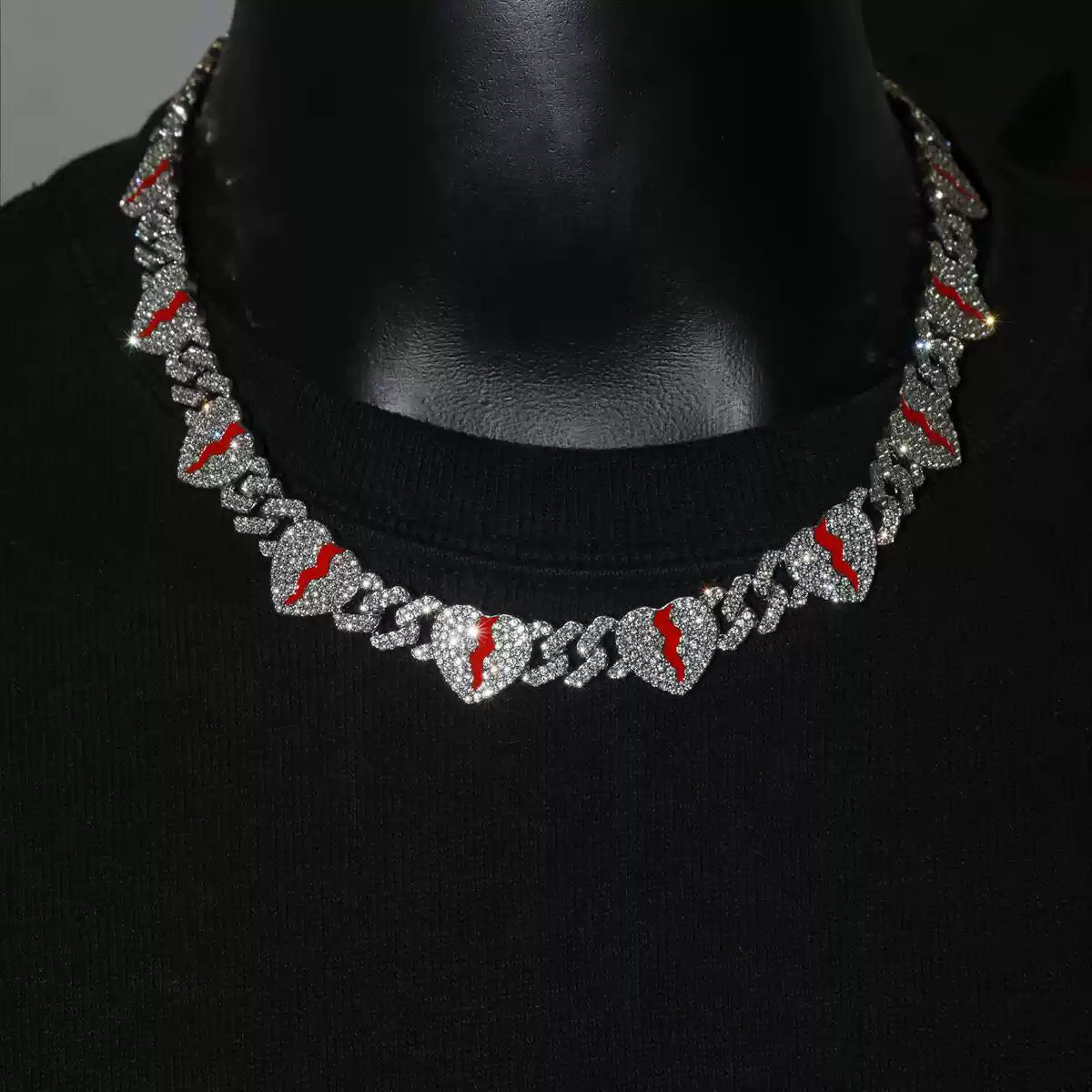 Rapper-Style Broken Heart Cuban Chain — 13 Heart Charms, Iced-Out Hip-Hop Choker, Trendy Luxury Necklace