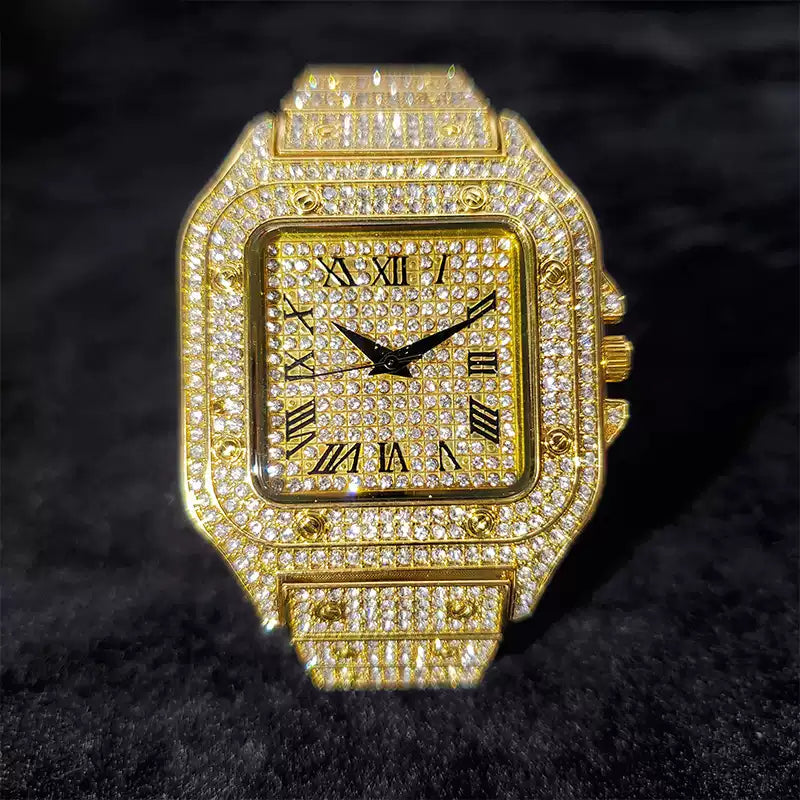 American Hip-Hop / Fully Iced-Out / Full-Diamond Look / Watch / Fashion / Waterproof / Gold Square Watch