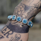 Hip-Hop Men’s Iced-Out Aqua Blue Cube Bracelet — Full Diamond Square Link Bracelet, Trendy Streetwear Jewelry Accessory