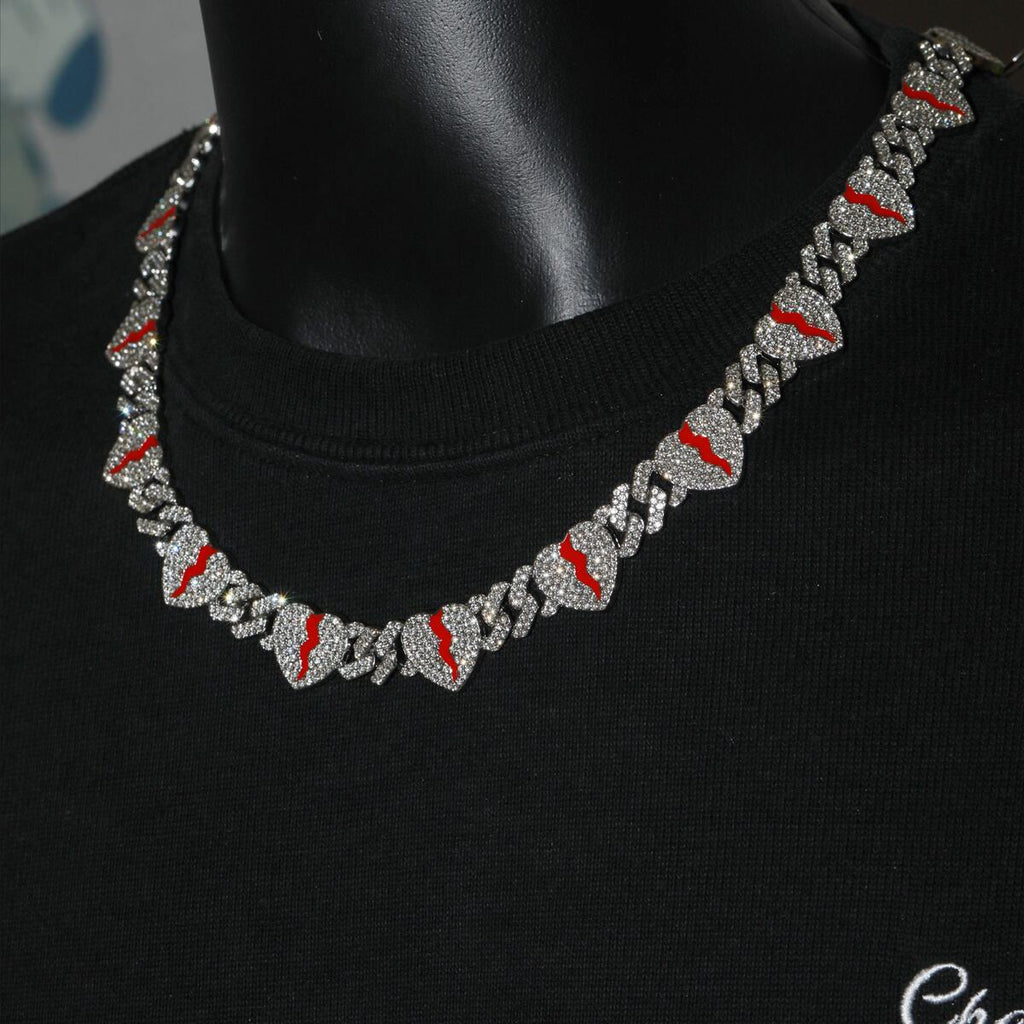 Rapper-Style Broken Heart Cuban Chain — 13 Heart Charms, Iced-Out Hip-Hop Choker, Trendy Luxury Necklace
