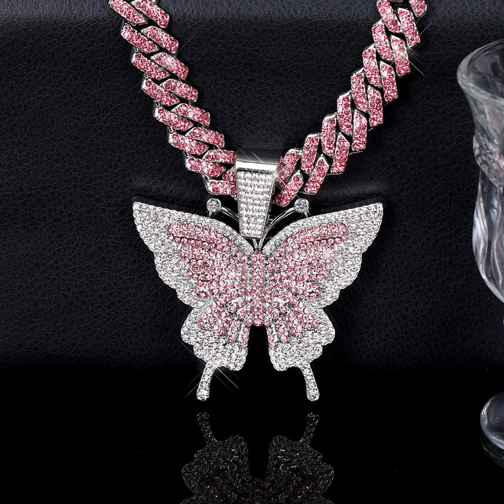 Iced Butterfly Cuban Link Necklace – Gold & Silver Hip-Hop Pendant Chain