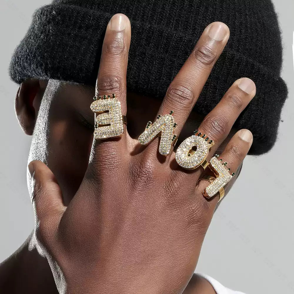 New Adjustable Open Iced-Out Hip-Hop Ring — Exaggerated Teardrop & Letter Design, DIY Statement Bling Ring