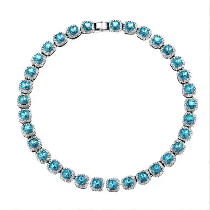 Hip-Hop Men’s Iced-Out Aqua Blue Cube Bracelet — Full Diamond Square Link Bracelet, Trendy Streetwear Jewelry Accessory