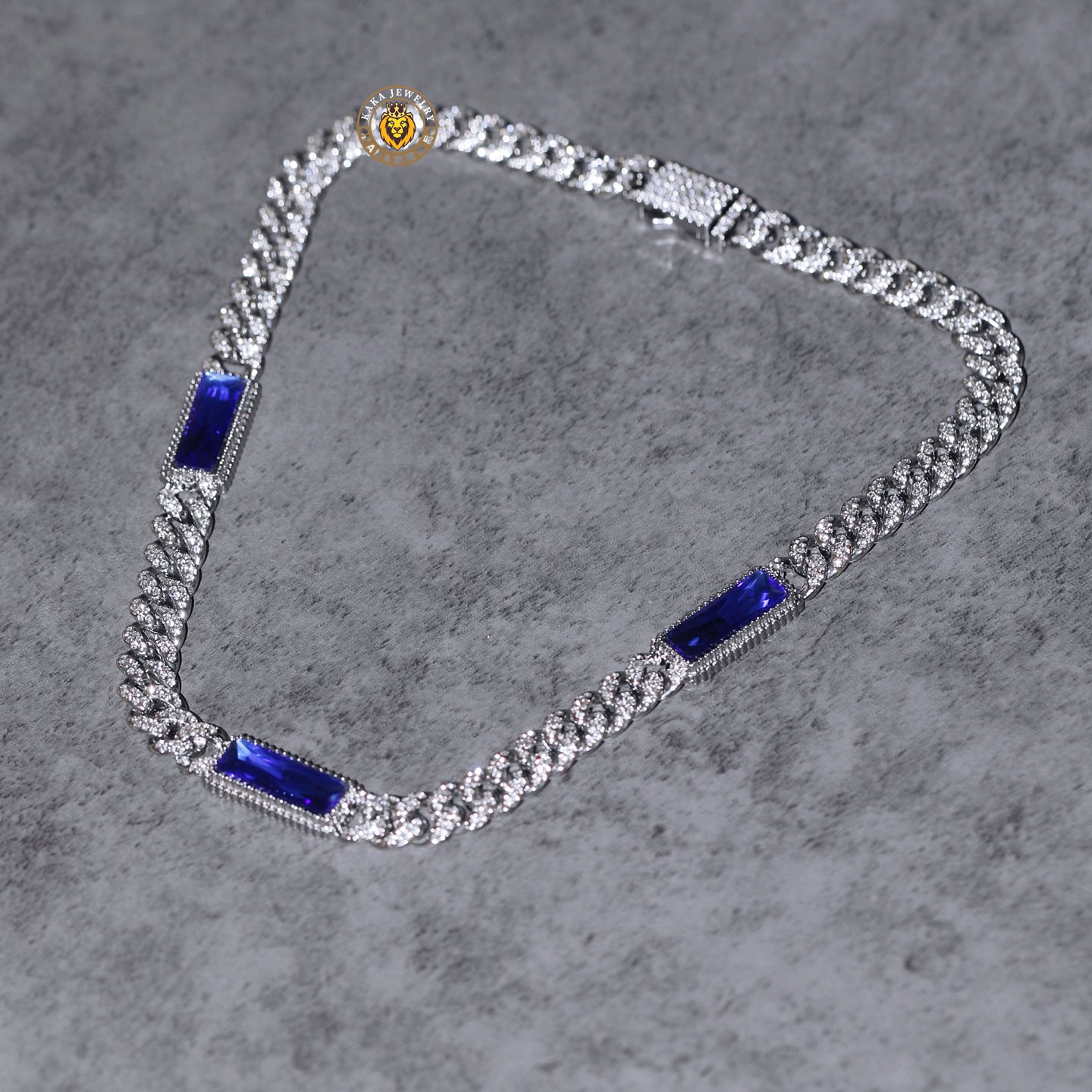 Royal Blue Rectangular Gem Iced Cuban Chain — Luxury Bling Necklace for Men & Women, Trendy American Style Choker
