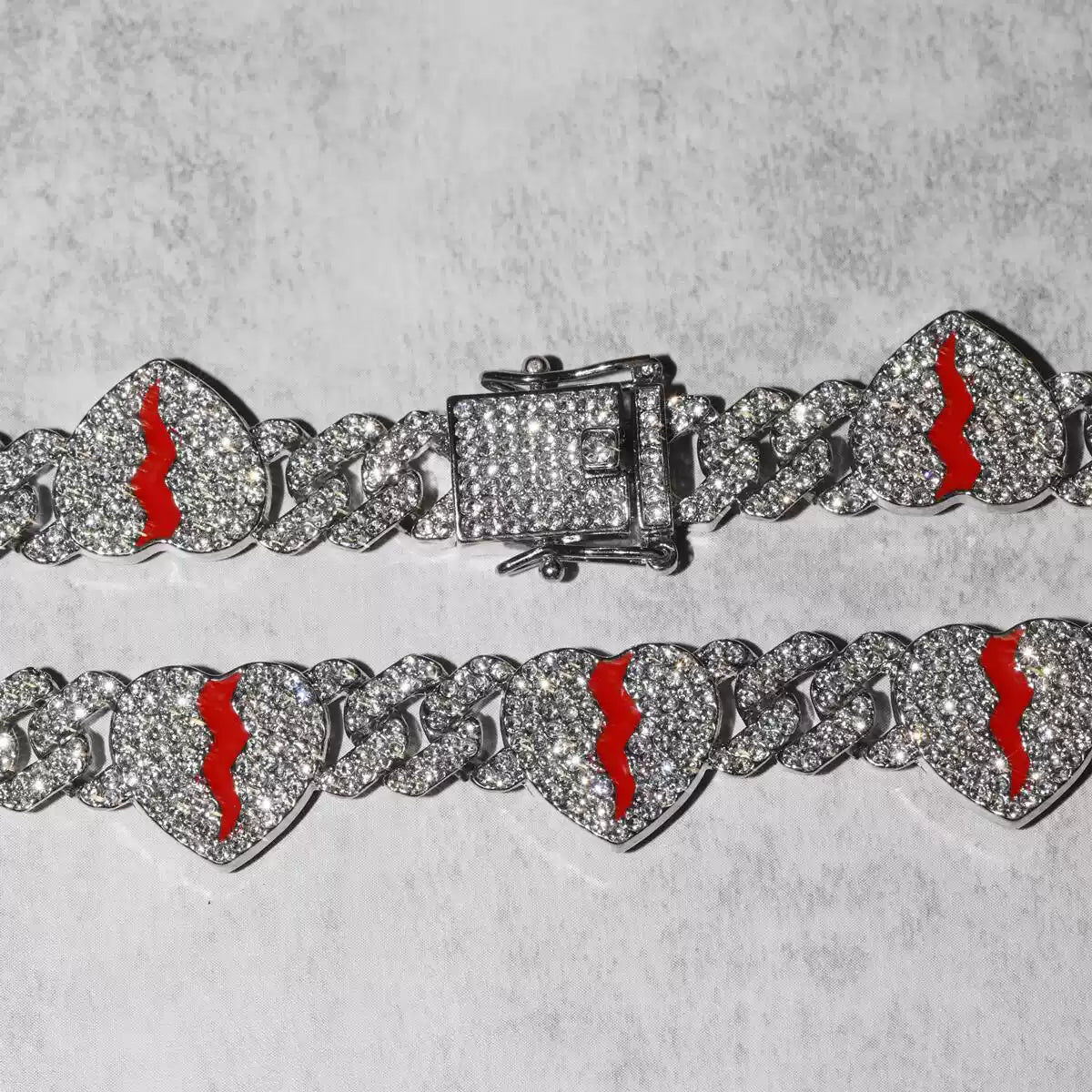 Rapper-Style Broken Heart Cuban Chain — 13 Heart Charms, Iced-Out Hip-Hop Choker, Trendy Luxury Necklace