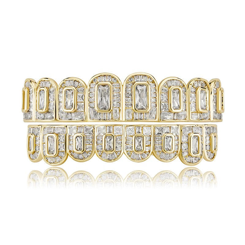 Iced Gold & Silver Grillz Set – 18K Plated Hip-Hop Tooth Caps with Box