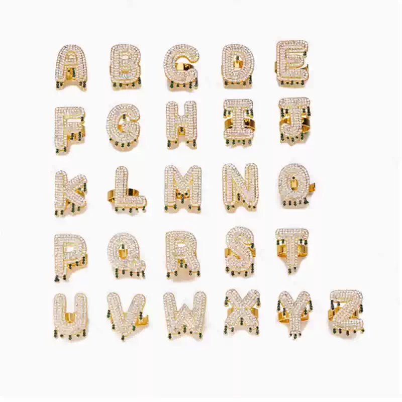 New Adjustable Open Iced-Out Hip-Hop Ring — Exaggerated Teardrop & Letter Design, DIY Statement Bling Ring