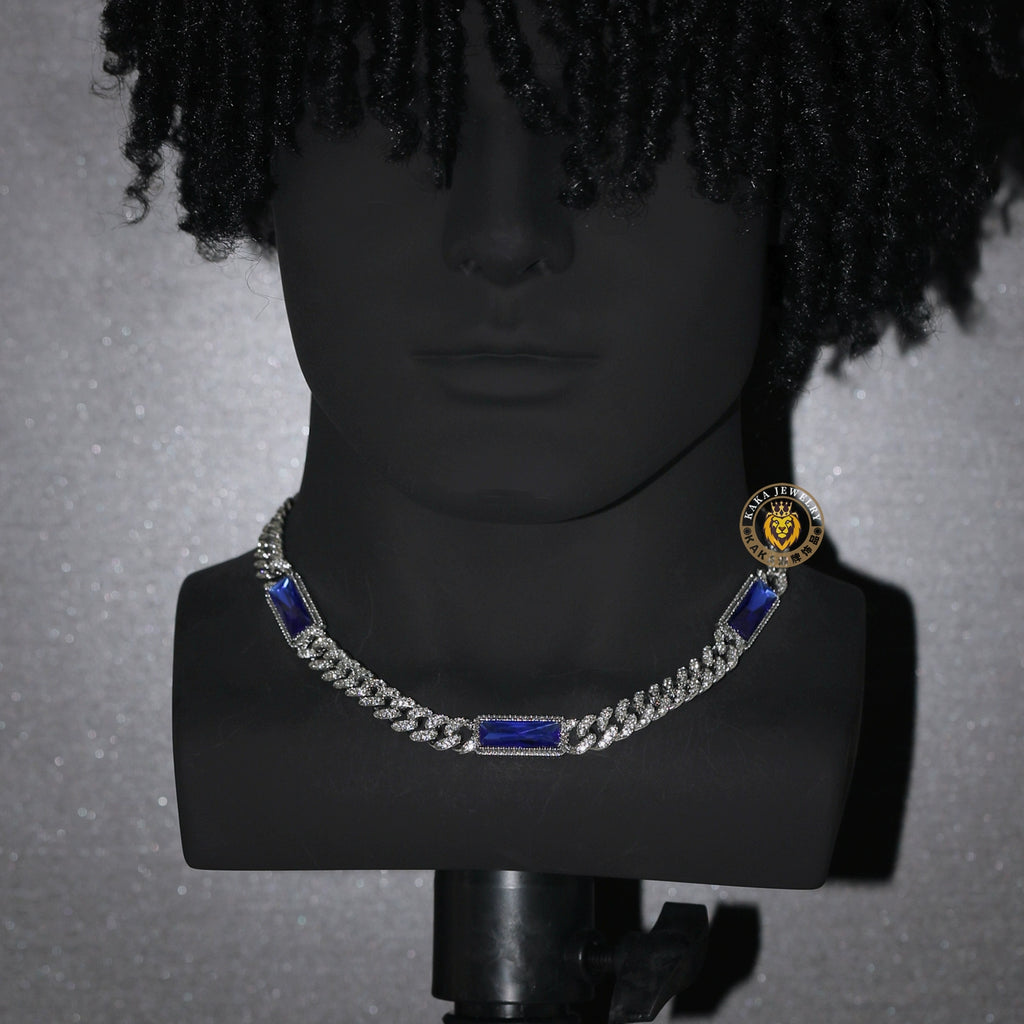 Royal Blue Rectangular Gem Iced Cuban Chain — Luxury Bling Necklace for Men & Women, Trendy American Style Choker