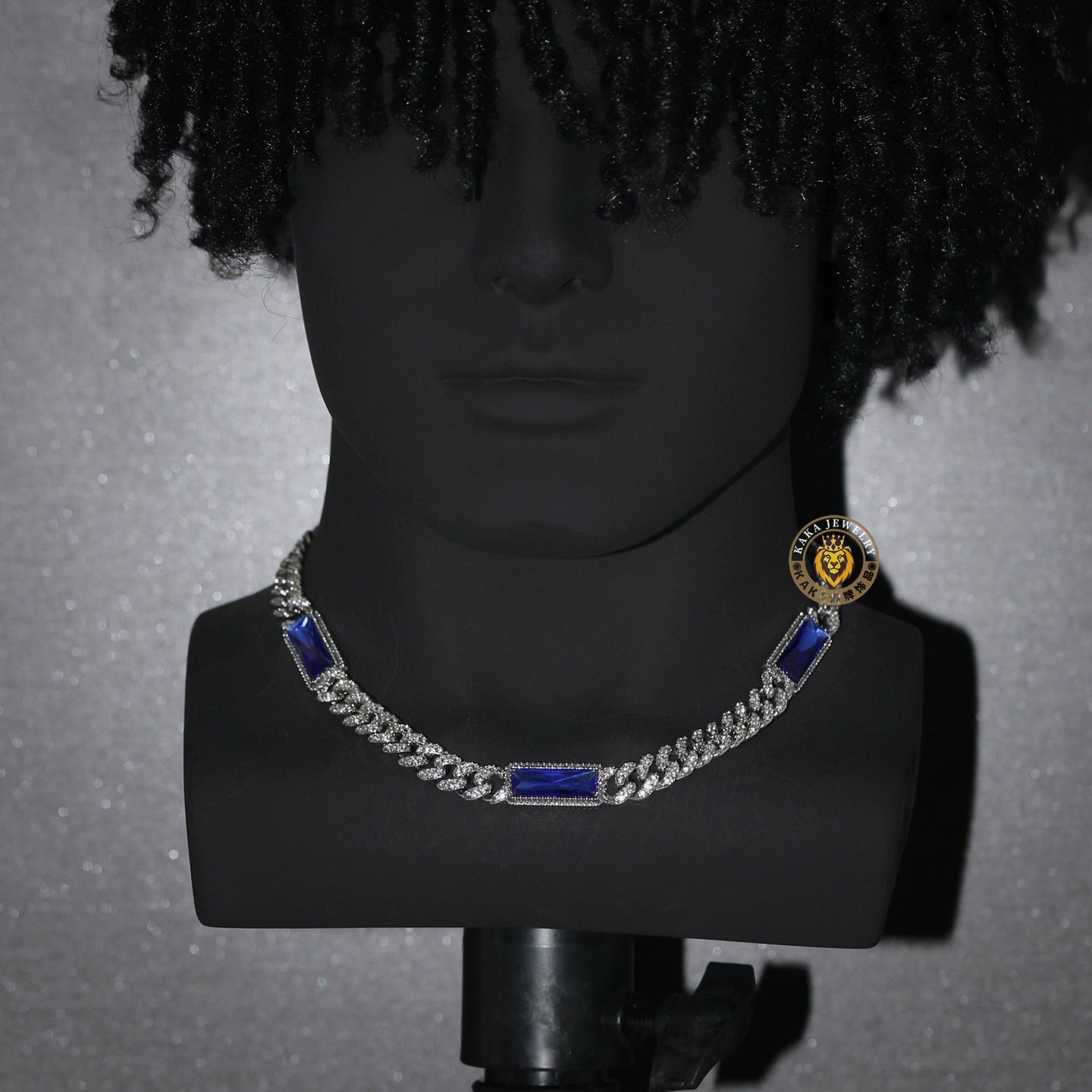 Royal Blue Rectangular Gem Iced Cuban Chain — Luxury Bling Necklace for Men & Women, Trendy American Style Choker