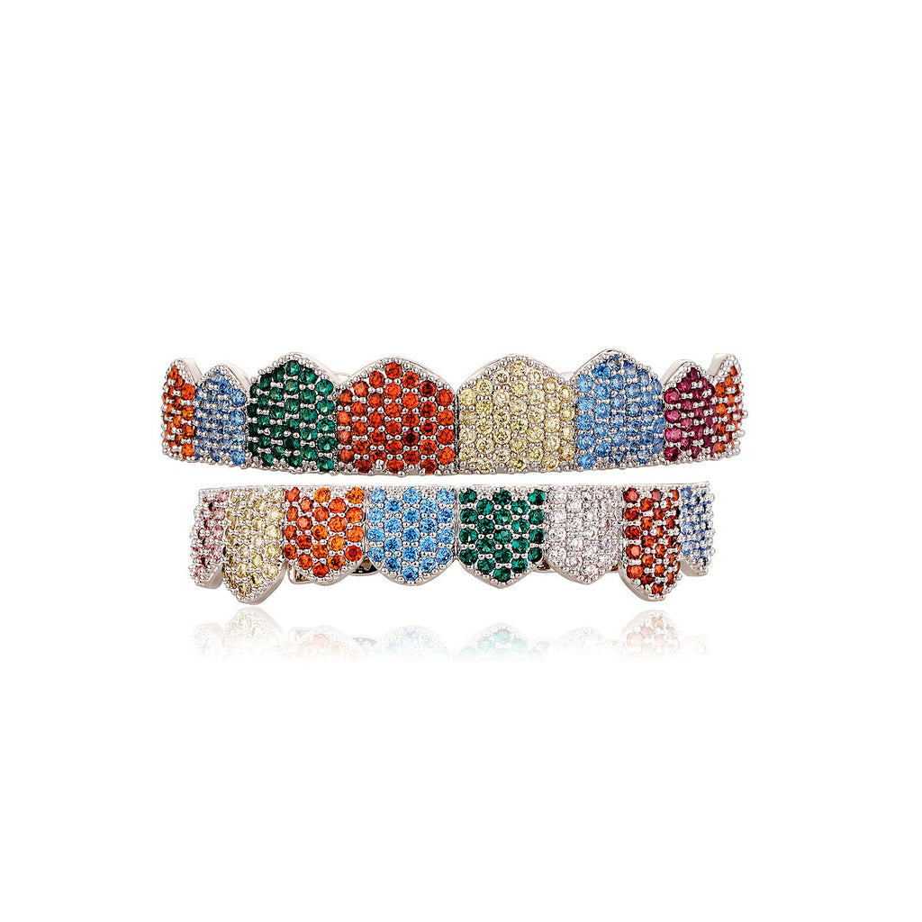 Iced Gold & Silver Grillz Set – 18K Plated Hip-Hop Tooth Caps with Box