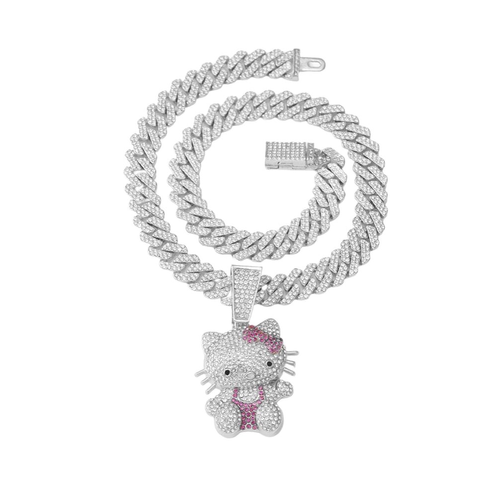 Iced Pink Kitty Cuban Link Necklace – Heart Chain & Full-Body Pendant Options