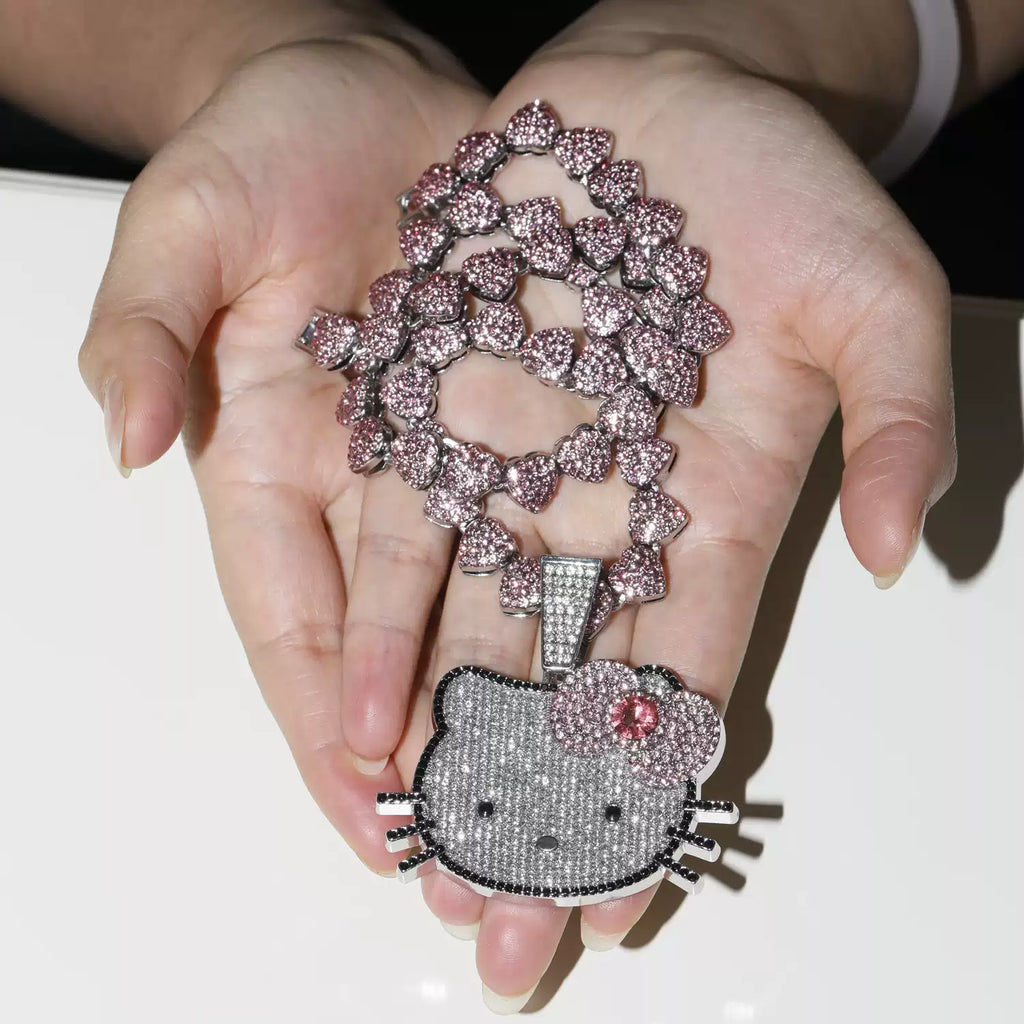 Iced Pink Kitty Cuban Link Necklace – Heart Chain & Full-Body Pendant Options