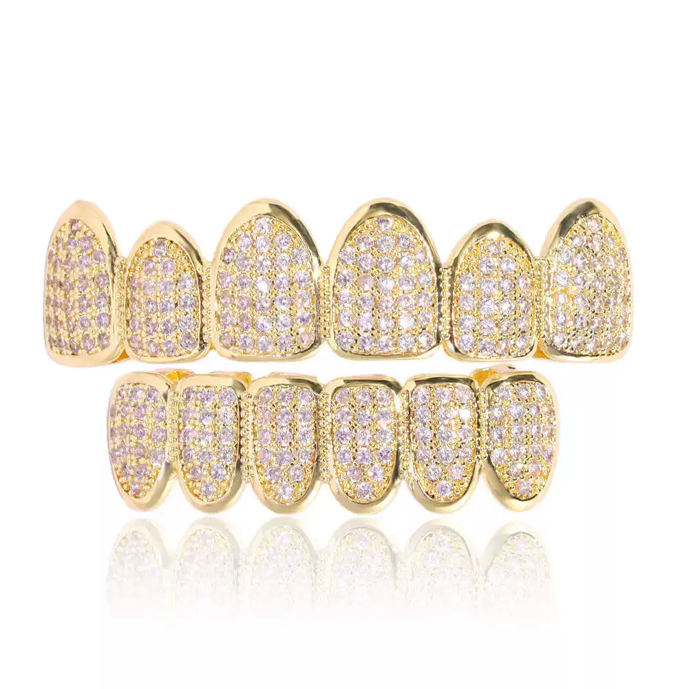 Iced Gold & Silver Grillz Set – 18K Plated Hip-Hop Tooth Caps with Box