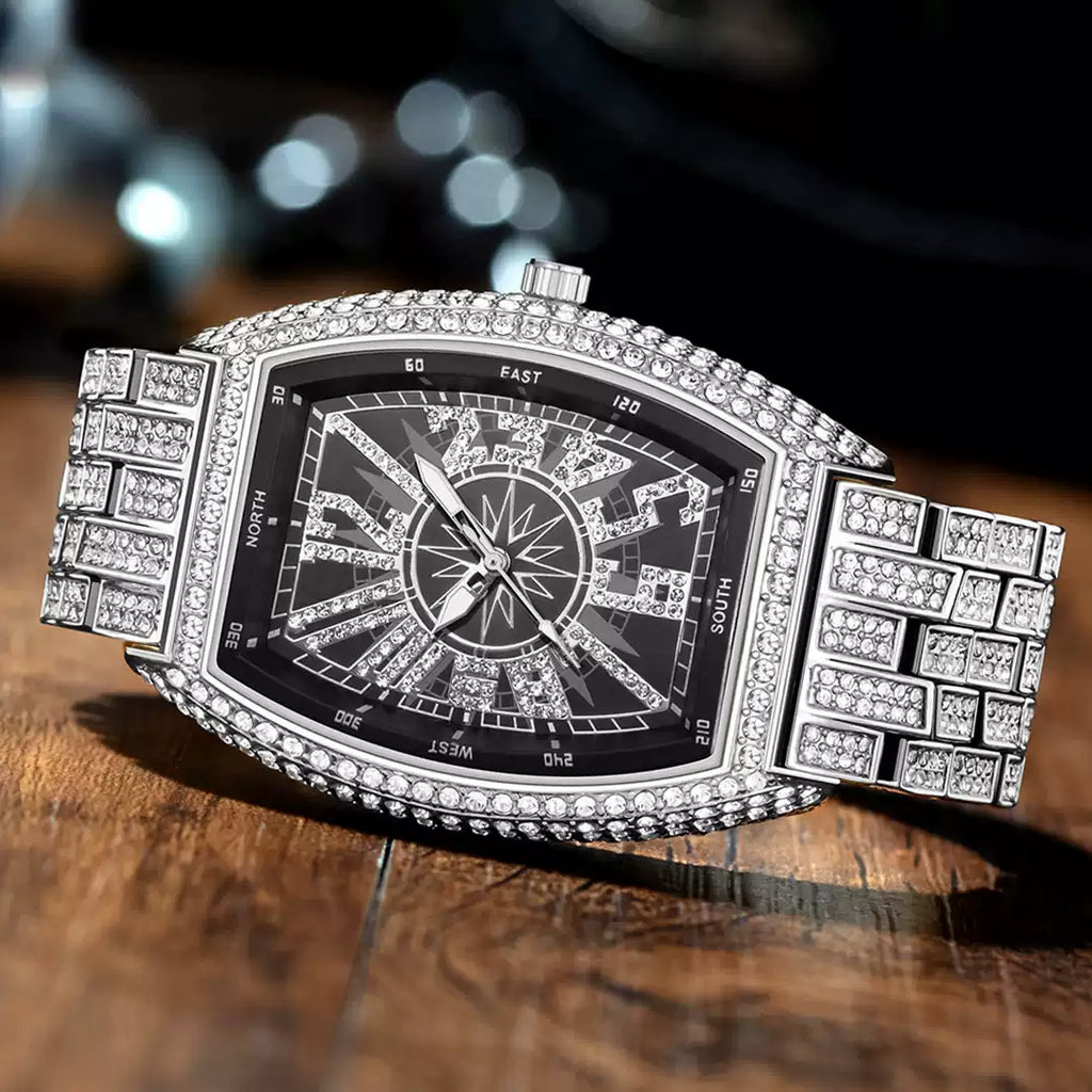 Barrel-Shaped / Fully Iced-Out / Full Pavé / Western Hip-Hop Style / Trendy / Luxury-Inspired Men’s Watch