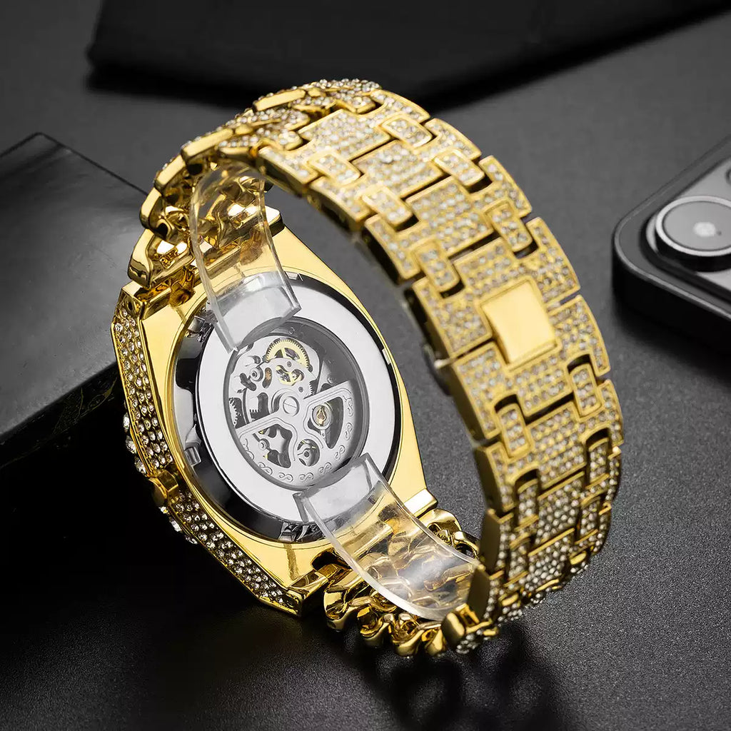 Full Diamond Hip-Hop Cuban Chain Men’s Watch / Trendy Niche High-End / Skeleton Mechanical Watch for Men