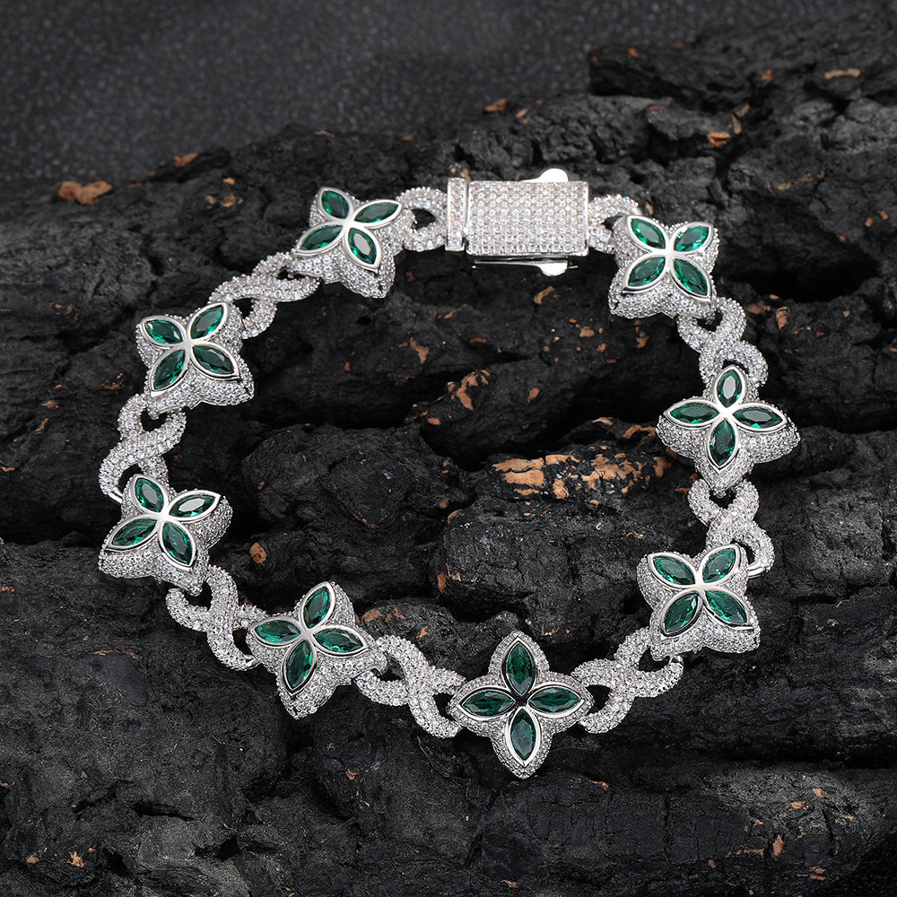 Iced Butterfly Link Bracelet – Hip-Hop Four-Leaf Flower CZ Tennis Chain