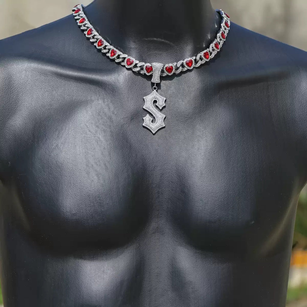 Iced Red Heart Cuban Link Necklace with Letter Pendant – 50cm Bling Chain