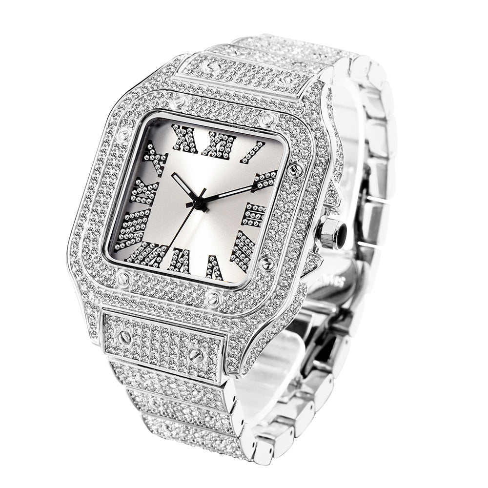 Roman Numerals / European & American Hip-Hop / High-End Luxury / Starry Sky / Full Diamond Square Men's Watch