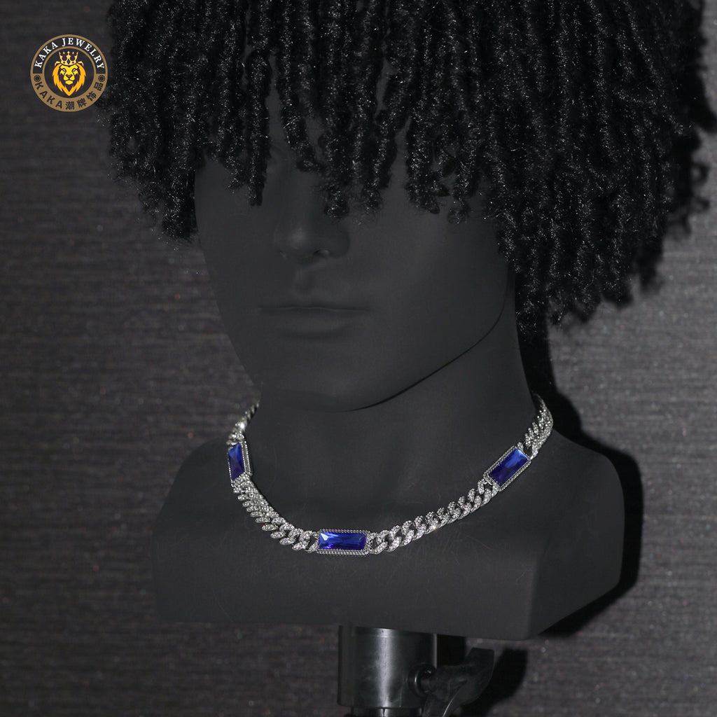 Royal Blue Rectangular Gem Iced Cuban Chain — Luxury Bling Necklace for Men & Women, Trendy American Style Choker