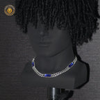 Royal Blue Rectangular Gem Iced Cuban Chain — Luxury Bling Necklace for Men & Women, Trendy American Style Choker